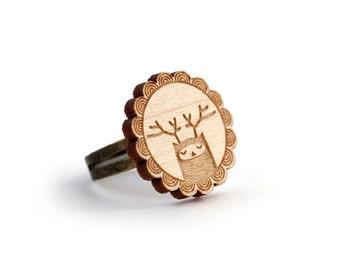 Reindeer ring made of lasercut wood - deer jewelry - elk accessory - stag jewellery - forest animal - graphic creature - cute gift for her