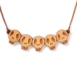 Collection of skulls necklace in lasercut wood statement pendant gothic dark jewelry halloween Vanitas image 2