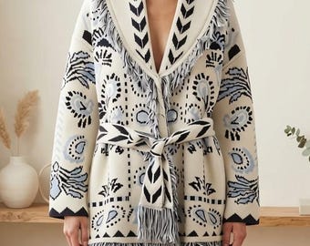 Light Navy Blue Paisley Fringe Cardigan Women, Boho Kimono Robe Jacket, Belted Knit Coat, Festival Outfit, Cottagecore Gift