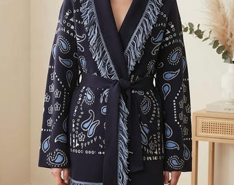 Cardigan da donna con frange Paisley, kimono boho blu navy, cappotto in maglia con cintura, outfit da festival, regalo cottagecore per lei