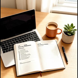 May include: A silver laptop, an open workbook with text including "LIFE WOMIN AMINN DAY WORKBOOOK", a matte orange mug filled with coffee, a small green succulent in a grey pot, and a black pen. The text "Clear the clutter, Feel instantly lighter." is visible.