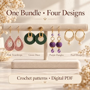 May include: Four pairs of crochet earrings displayed on a beige stand with the text One Bundle Four Designs and Crochet patterns Digital PDF. The earrings include pink teardrops, green discs, purple dangles, and cream-colored pearl hoops.