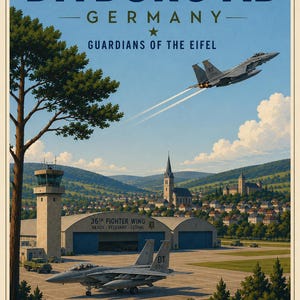 Op de afbeelding: Een poster met Bitburg AB Germany, Guardians of the Eifel. Het toont een gevechtsvliegtuig op het platform en een in de lucht, een verkeerstoren, een hangar met 36th Fighter Wing en een stad met een kerk. Tekst bevat Service, Community, Adventure.