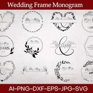 Può includere: Una collezione di dodici design di monogrammi nuziali digitali in bianco e nero con ghirlande floreali, cornici geometriche e forme a cuore. Il testo include Mr & Mrs, Adams, Williams, Our Wedding, Est. 2021 e Welcome to our story in vari caratteri.