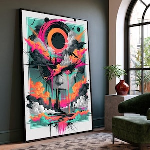 Puede incluir: Una impresión de arte mural rectangular que presenta un rostro humano estilizado rodeado de nubes vibrantes en tonos rosa neón, naranja y turquesa. Un gran círculo negro se sitúa en la parte superior, con humo oscuro y siluetas urbanas.