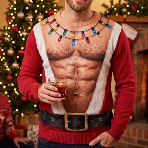 May include: A red long-sleeve sweater featuring a realistic graphic print of a muscular torso with chest hair, a white faux fur trim, a black belt with a gold buckle, and a string of colorful Christmas lights draped around the neckline.