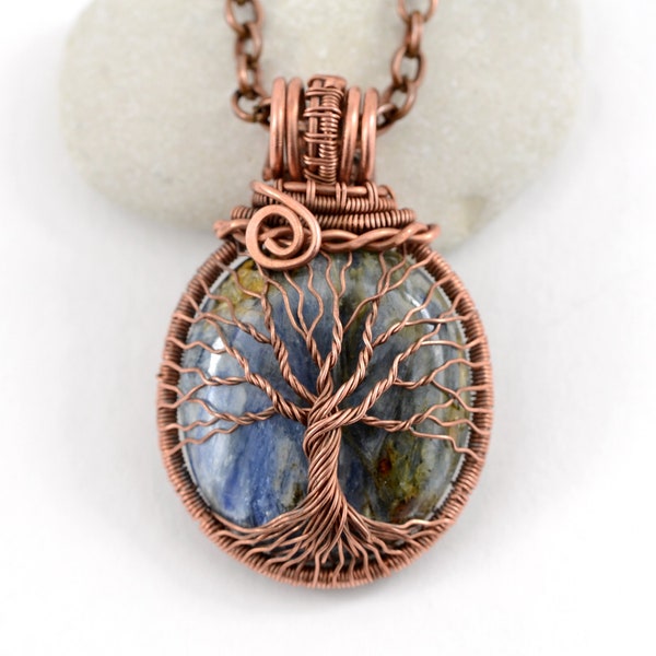 Blue Kyanite Copper Tree of Life Necklace Pendant Handmade Gemstone Pendant Necklace Statement Necklace 7th Anniversary gift for Women