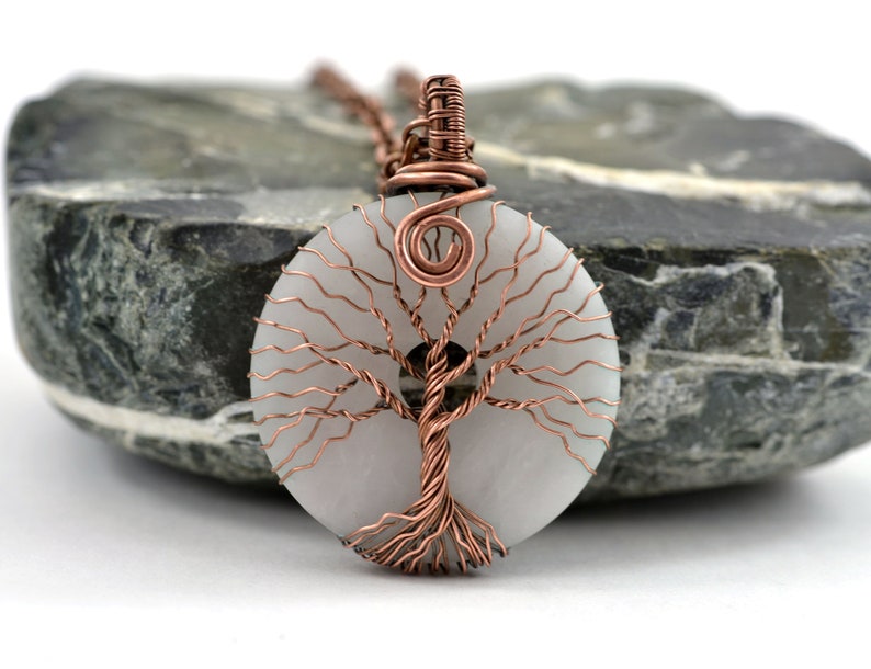 Rose Quartz Tree Of Life Pendant Necklace Copper Wire Wrapped Pendant Jewelry Handmade Necklace Protection Amulet 7th Anniversary Gift