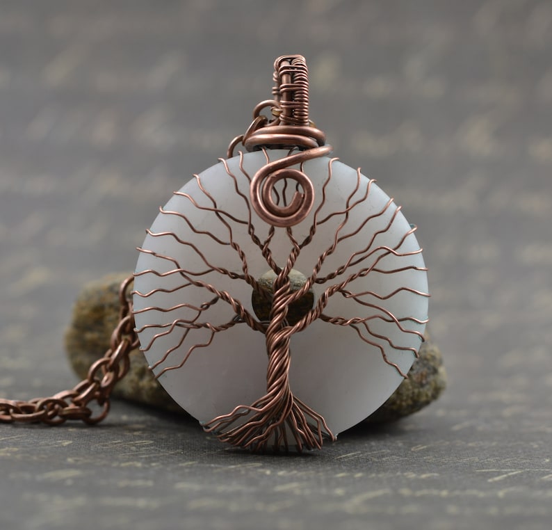 Rose Quartz Tree Of Life Pendant Necklace Copper Wire Wrapped Pendant Jewelry Handmade Necklace Protection Amulet 7th Anniversary Gift