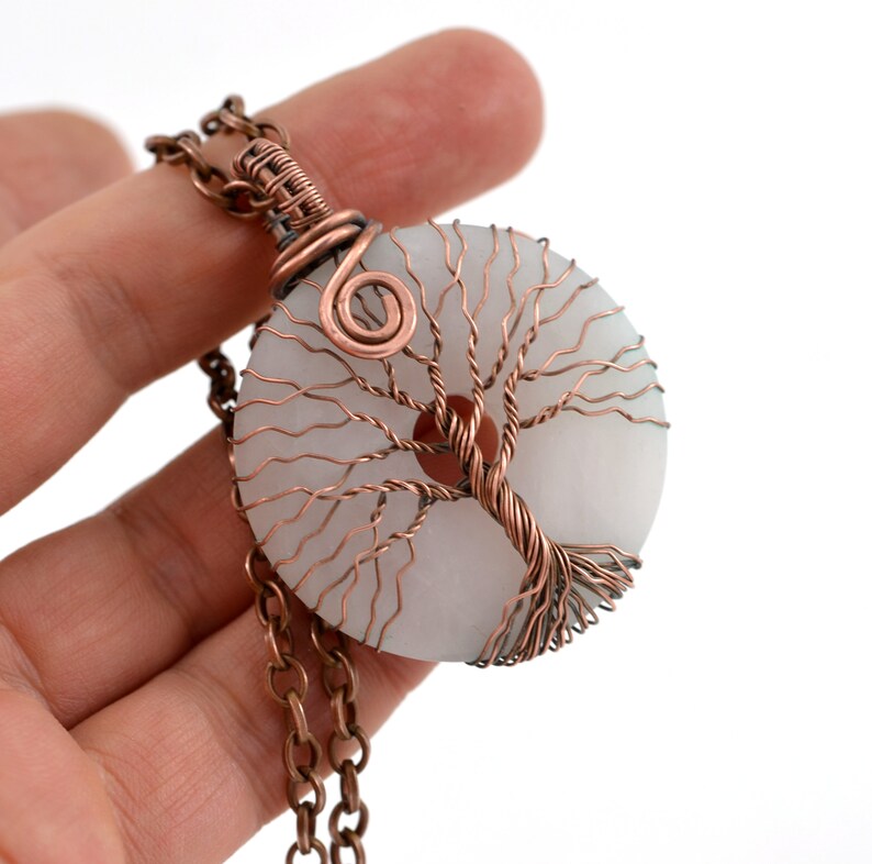 Rose Quartz Tree Of Life Pendant Necklace Copper Wire Wrapped Pendant Jewelry Handmade Necklace Protection Amulet 7th Anniversary Gift