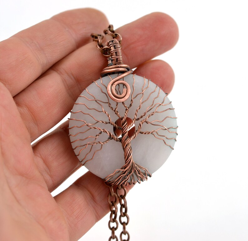 Rose Quartz Tree Of Life Pendant Necklace Copper Wire Wrapped Pendant Jewelry Handmade Necklace Protection Amulet 7th Anniversary Gift