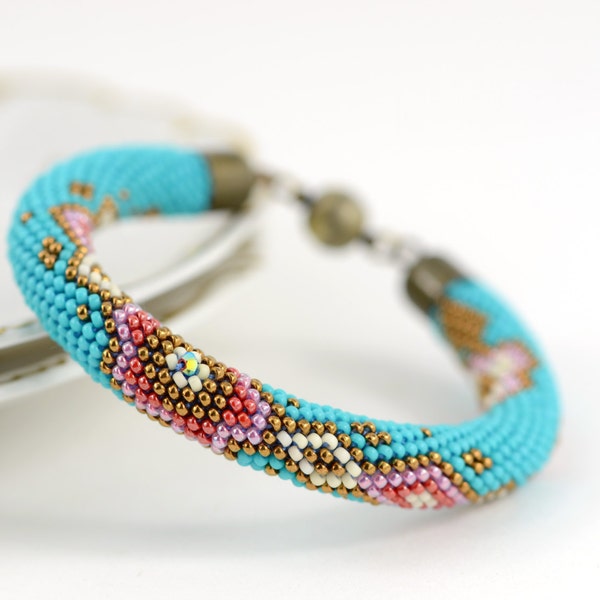 Caprice - Beaded Bracelet -  Bead Crochet Bracelet Turquoise Bronze Light Pink White Beadwork Handmade Jewelry