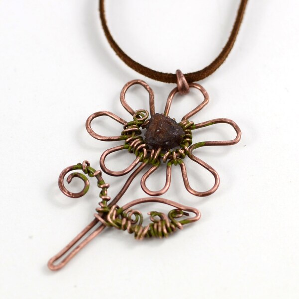 Flower Copper Pendant Raw Garnet Pendant Wire Wrapped Pendant Wired Copper Jewelry Primitive Pendant Rustic Botanical jewelry Boho pendant