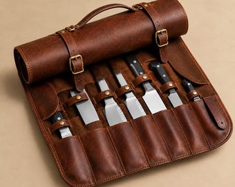 Personalisierte Messertasche aus Leder | Handgefertigtes Messeretui mit 8 Fächern | Individuell graviertes Geschenk für Köche | Kulinarische Reisetasche