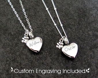 Sterling Silver Pet Cremation Urn Necklace: Paw Print Heart Memorial Jewelry for Dog or Cat Ashes