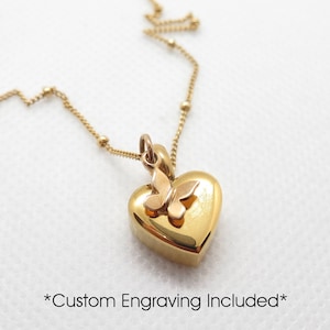 Elegant Gold Heart & Butterfly Urn Necklace: Personalized Cremation Jewelry for Cherished Memories
