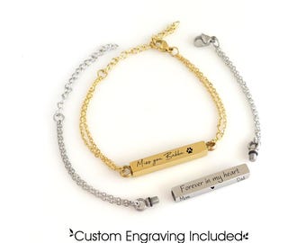 Personalized Memorial Double Urn Bar Bracelet - Cremation Jewelry for Human Pet Ashes Keepsake Silver Gold Rose Gold