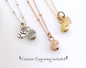 Collar de urna redonda pequeña personalizada, recuerdo moderno grabado a medida para cenizas humanas o de mascotas.