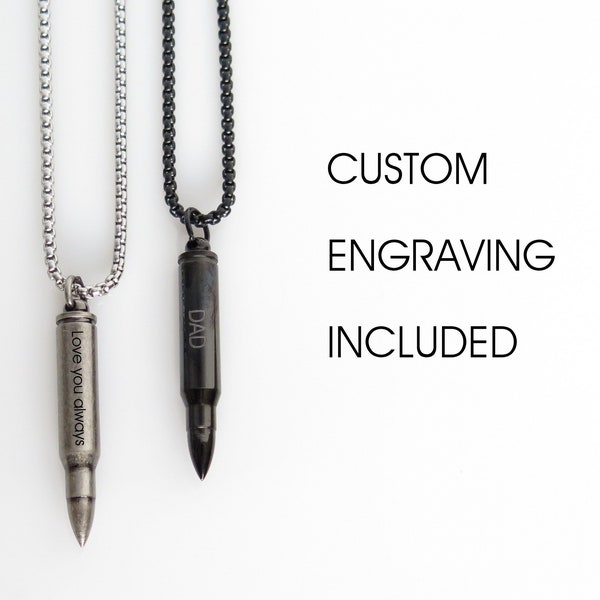 Men's Rifle Bullet Cremation Urn Necklace in Black or Silver for Human or Pet Ashes, Stainless Steel Personalized Ashes Necklace, Cremation