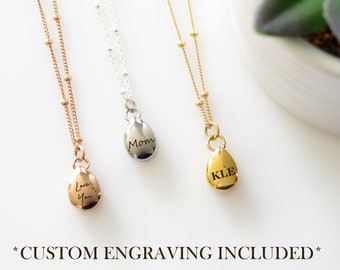 Personalized Engraved Tiny Teardrop Urn Necklace - Silver, Gold, Rose Gold Cremation Jewelry for Human or Pet Ashes