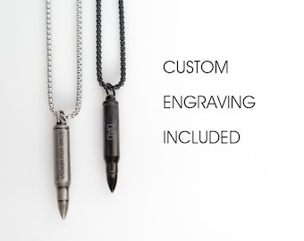 Men's Rifle Bullet Cremation Urn Necklace in Black or Silver for Human or Pet Ashes, Stainless Steel Personalized Ashes Necklace, Cremation