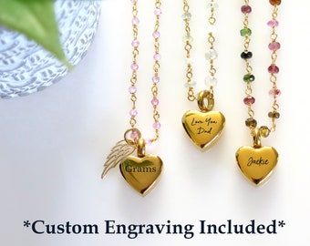 Elegant Gold Heart Urn Necklace: Personalized Cremation Jewelry with Rosary Chain for Cherished Memories Keepsake