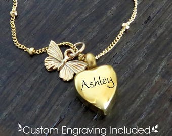 Tiny Butterfly Urn Necklace for Ashes, Personalized Memorial Cremation Jewelry for Human or Pet Ashes, Keepsake in Gold