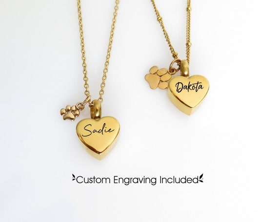 Custom Dog Ashes Necklace Gold Paw Print Heart Locket Pet Memorial Jewelry Keepsake Urn