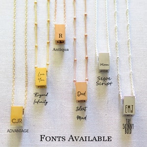 Backside of rectangular urn pendants. Each displaying fonts available.  Six necklaces, 2 in Sterling Silver, 2 in Rose Gold Fill and 2 in Gold Fill.  All crystal front urn pendants match color  but made of stainless steel. Engraved on the back.
