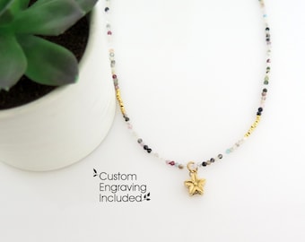 Personalized Mixed Gemstone Beaded Urn Necklace | Custom Gold Memorial Cremation Jewelry for Pet & Human Ashes