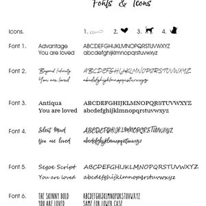 A list of six fonts and 4 icons to be engraved on the back of urn pendants. Includes Infinity, heart, dog and cat icons. Fonts are mixed