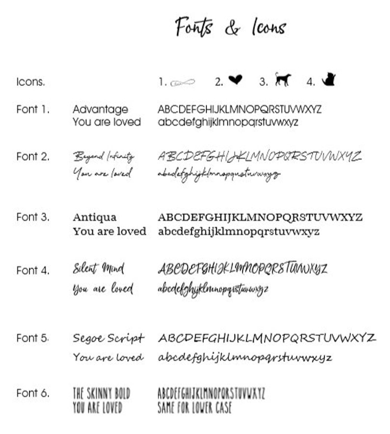 A list of six fonts and 4 icons to be engraved on the back of urn pendants. Includes Infinity, heart, dog and cat icons. Fonts are mixed