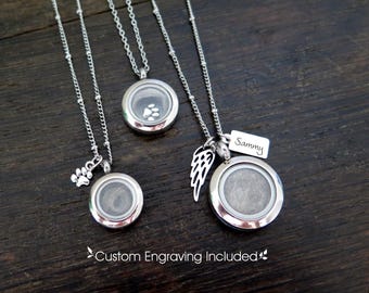 Custom Pet Hair Memorial Glass Locket, Cremation Jewelry, Dog or Cat Silver Fur Urn Necklace, Personalized Charm Keepsake with Engraving