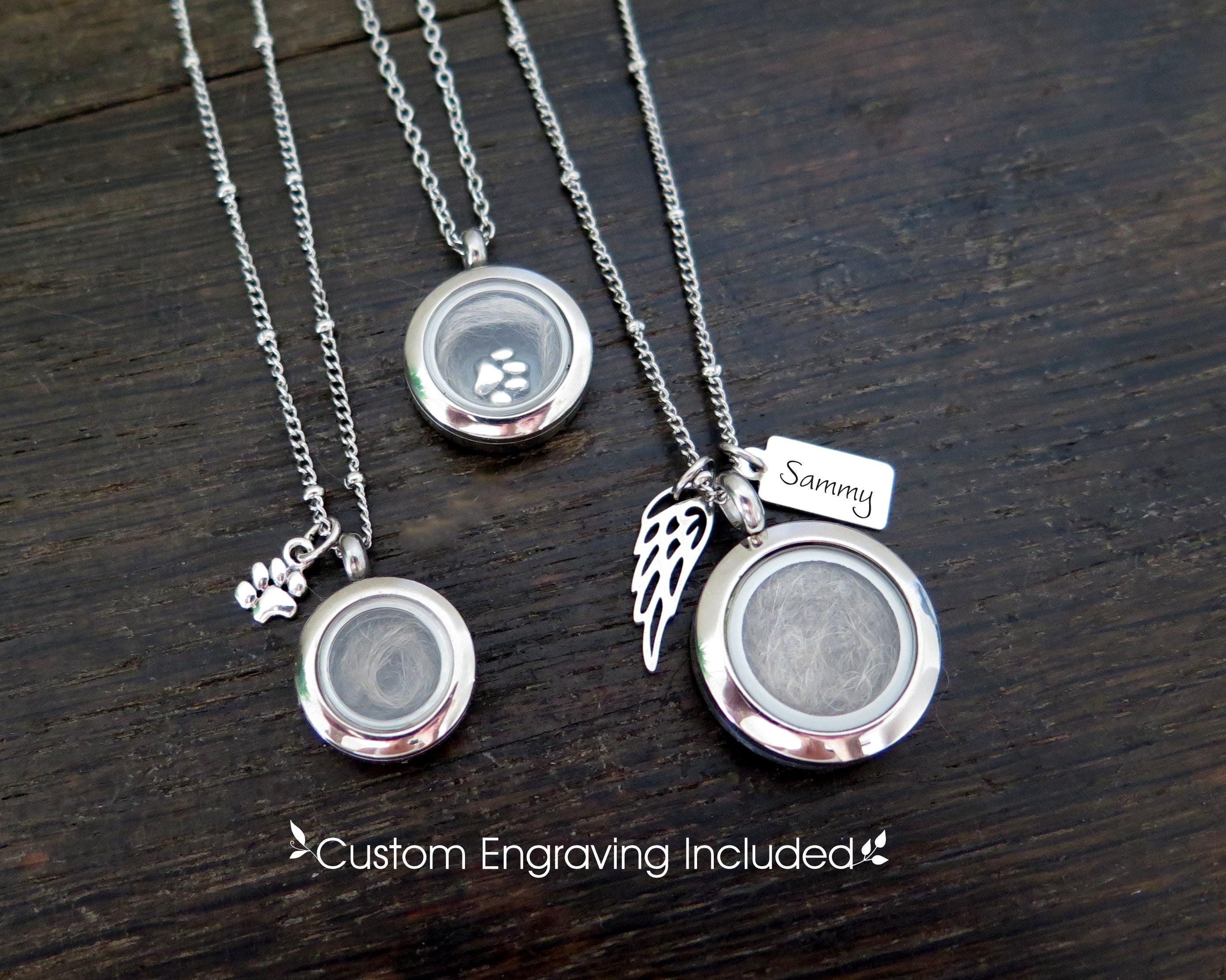 Pet Fur Necklace, Pet Hair Memorial Glass Locket, Dog or Cat Fur Keepsake, Silver Pet Memorial Jewelry, Personalized Engraved Necklace