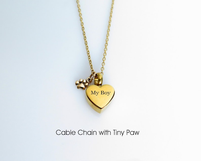 May include: Gold heart-shaped cremation necklace with a small paw charm. The heart has the inscription "My Boy" on it. Cable chain with tiny paw.