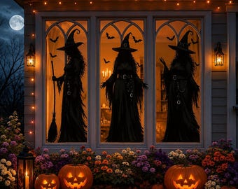 Halloween Heks Raamstickers – Spookachtige Raamdecoraties voor Halloweenfeestjes en Huisdecoratie