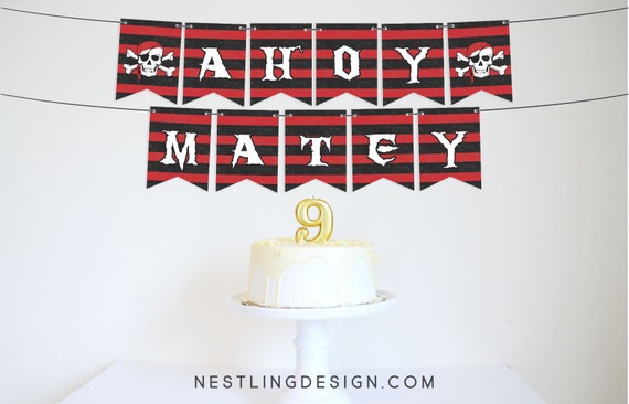 Pirate Banner Ahoy Matey Pirate Birthday Party Pirate Party Pirate Party  Decorations Printable Decorations Garland Skulls 