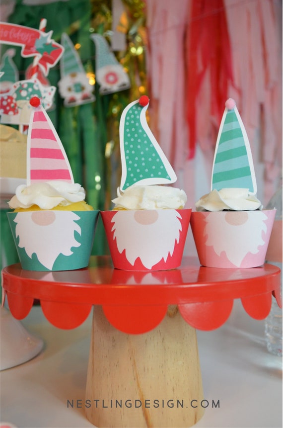 Christmas Gnome Cupcake Wrappers | Gnome Cake Decorations | Gnome Cake Topper | Christmas Party | Printable Gnome Cupcake Toppers Il_570xn