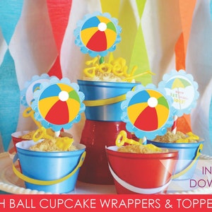 Beach Party Cupcake Wrappers // Sand Pail // Beach Ball Cupcake Toppers // Beach Party // Pool Party // Party Decor // Instant Download