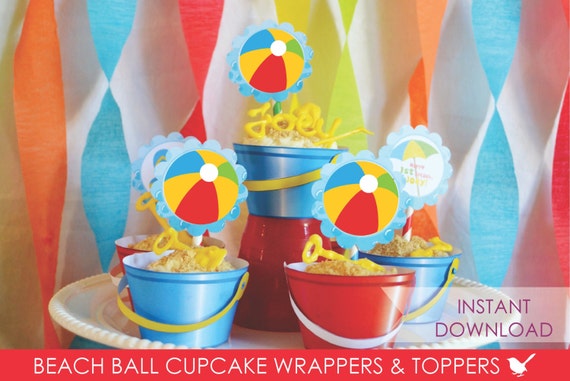 Beach Party Cupcake Wrappers // Sand Pail // Beach Ball Cupcake Toppers // Beach Party // Pool Party // Party Decor // Instant Download Il_570xn