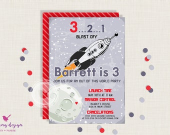 Rocket Ship Birthday Invitation | Outer Space Birthday Party Invitation | Moon Invitation | Astronaut Invitation | Space Ship Invitation