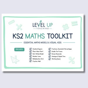 May include: A white rectangular educational poster titled KS2 MATHS TOOLKIT with a mint green border. It lists essential maths models and visual aids including a hundred square, place value chart, number lines, multiplication grid, and fraction wall.