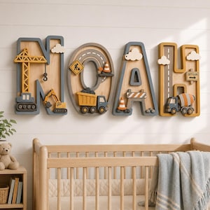 May include: A set of four large wooden letters spelling NOAH, featuring a construction theme with yellow cranes, excavators, dump trucks, and cement mixers. Each letter is decorated with road motifs, traffic cones, clouds, and a detour sign.