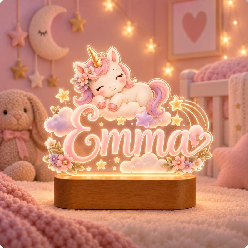 May include: A custom LED night light featuring a sleeping unicorn with a gold horn, pink and purple mane, and floral accents, resting on a cloud above the name Emma in script lettering, all mounted on a rectangular wooden base with warm lighting.