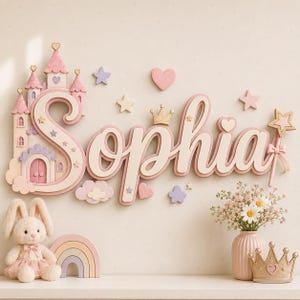 May include: A wall-mounted sign spelling the name Sophia in a cursive font, featuring a pink castle, a gold crown, hearts, stars, and a star-tipped wand. Below are a plush rabbit, a pastel rainbow arch, a flower vase, and a gold crown.
