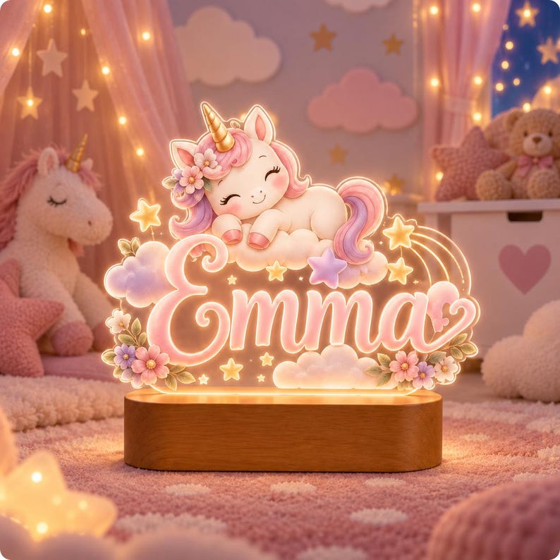 May include: A glowing acrylic night light featuring a cartoon unicorn sleeping on a cloud above the name Emma in pink script. The design includes pastel flowers, stars, and clouds, all mounted on a smooth, oval-shaped wooden base with warm illumination.