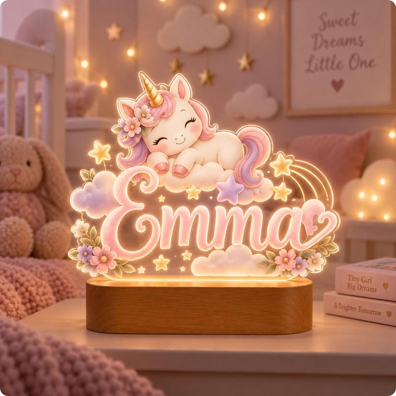 May include: A custom LED night light featuring a sleeping unicorn with a gold horn, pink and purple mane, and flowers, resting on a cloud above the name Emma in cursive script. The design includes stars and sits on a rectangular wooden base.