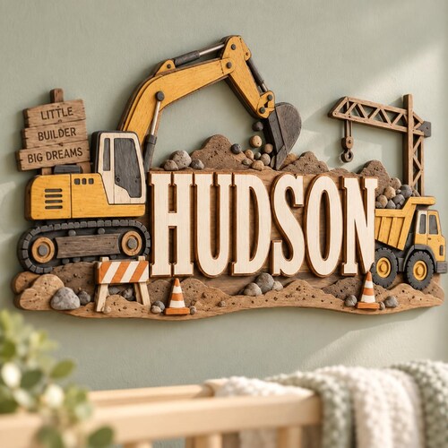Décoration murale personnalisée pour chambre d'enfant sur le thème des travaux de construction : camion pelleteuse en bois, plaque avec prénom, décoration pour chambre d'enfant.