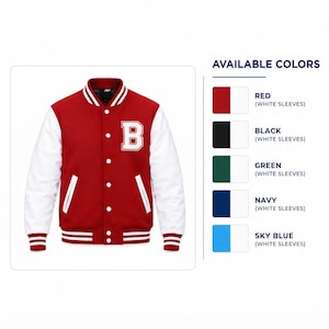 Pode incluir: Uma jaqueta varsity vermelha com mangas brancas, uma letra B branca no peito, botões de pressão brancos e punhos e bainha canelados com listras brancas. A imagem inclui uma tabela de cores com as opções disponíveis: vermelho, preto, verde, azul marinho, azul celeste.