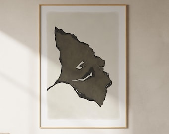 May include: A framed wall art print featuring an abstract dark brown organic shape with white highlights centered on a light beige background. The artwork is enclosed in a thin light wood frame, displaying a high-contrast composition.